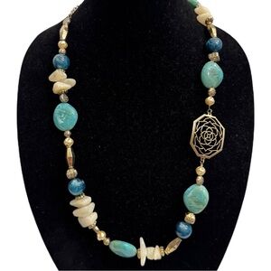 Chicos Blue Glass Bead Gold Tone Metal Flower Necklace Boho 24-29" Chic